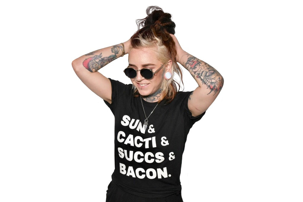 Succulent Studios Unisex t-shirt | SUN CACTI SUCCS BACON text